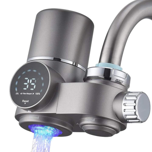modern faucet water filter with digital display and blue UV light purification attached to sink faucet