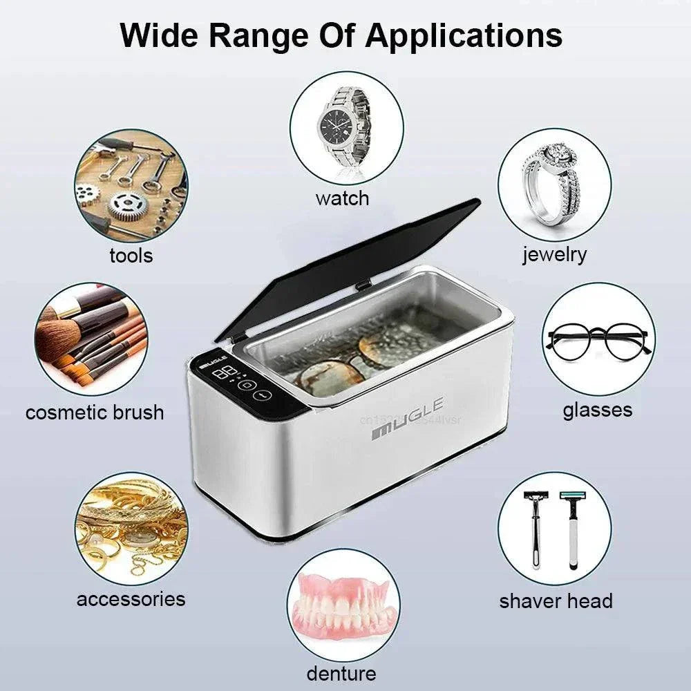 Ultrasonic 35W Cleaning Machine with 500ML tank cleaning watches, jewelry, glasses, denture, tools, shaver head, brushes, and accessories