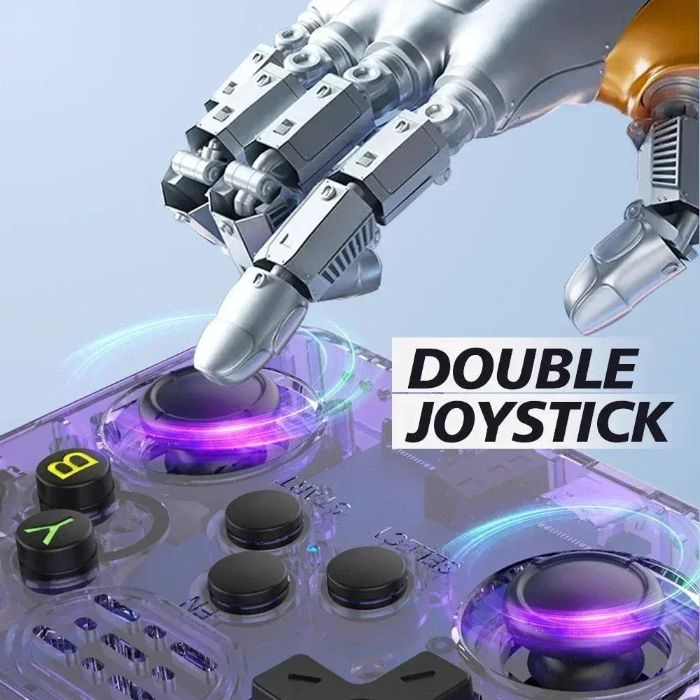 Close-up of R36S 128GB retro handheld game console with double joystick controls and purple LED lights