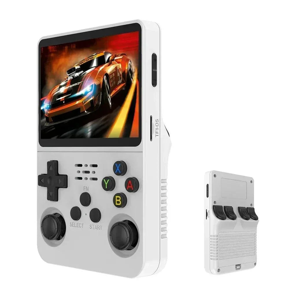 R36S 128GB retro handheld game console with 3.5-inch IPS screen and dual control sticks