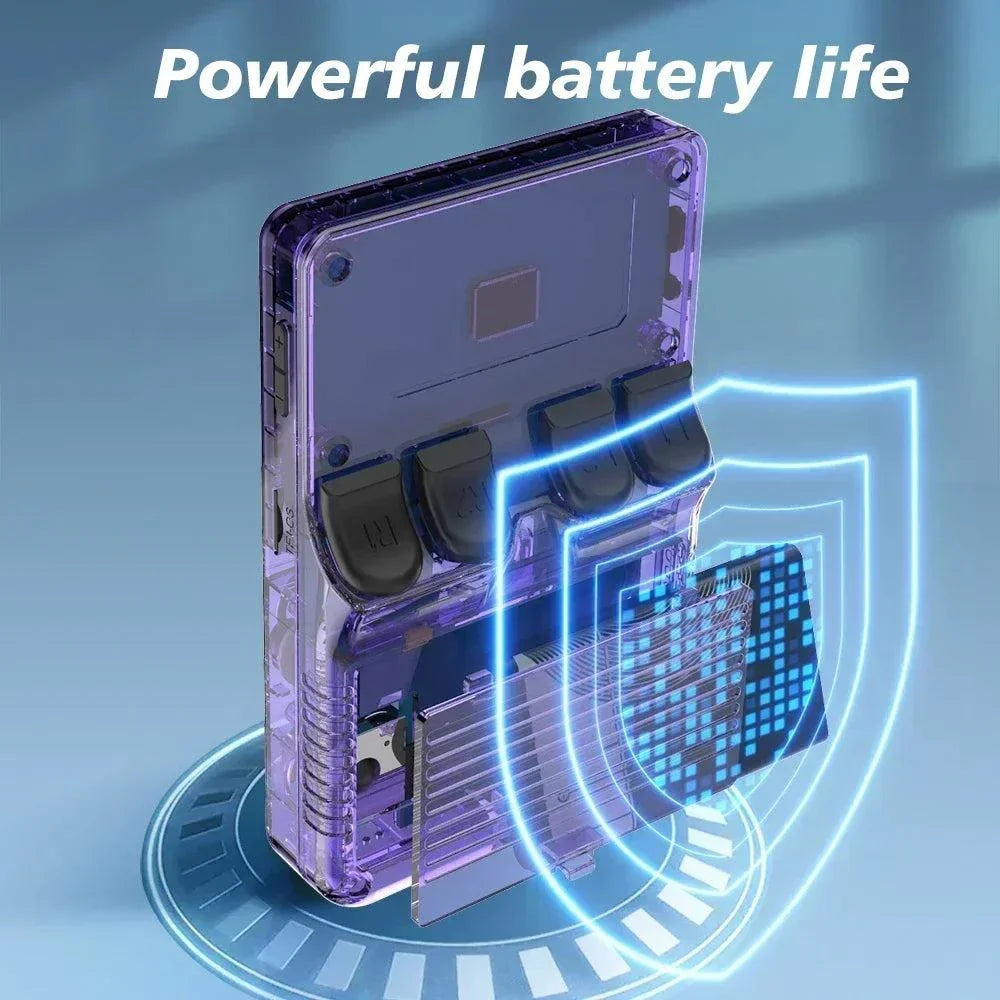 R36S Retro Handheld Game Console with 3.5 inch IPS screen and powerful battery life in a transparent purple case