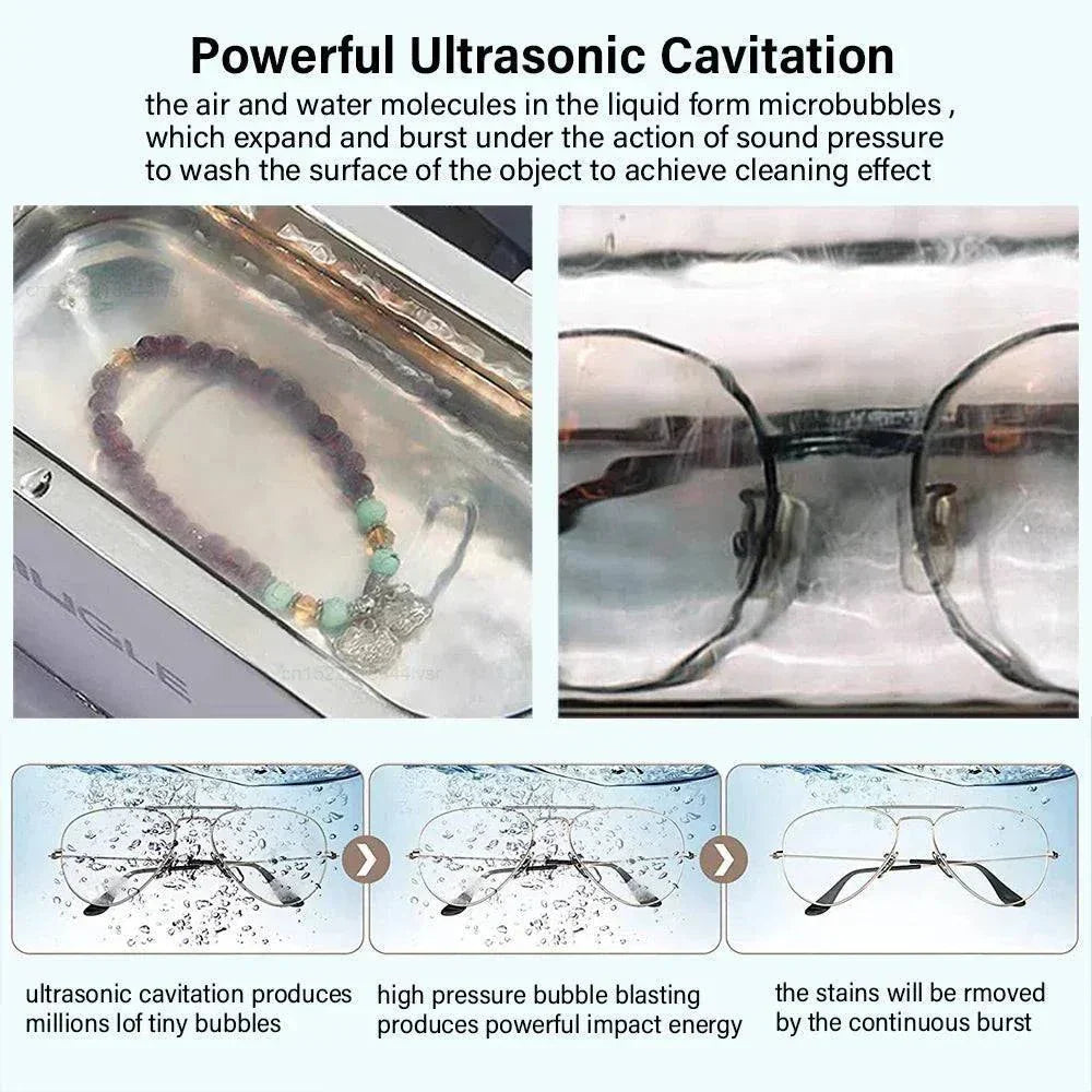 Ultrasonic 35W Cleaning Machine with 500ML tank cleaning jewelry, glasses, and watches using powerful ultrasonic cavitation technology