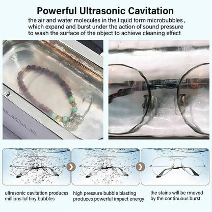 Ultrasonic 35W Cleaning Machine with 500ML tank cleaning jewelry, glasses, and watches using powerful ultrasonic cavitation technology