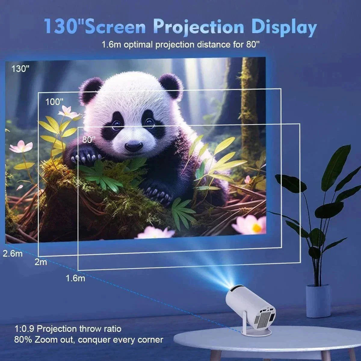 Magcubic 4K Android 11 projector displaying 130-inch screen with panda image and projection distance details
