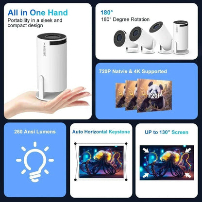 Magcubic 4K Android 11 HY300 Pro portable projector with 180° rotation, 720P native and 4K support, 260 ANSI lumens, auto keystone, and up to 130" screen display.