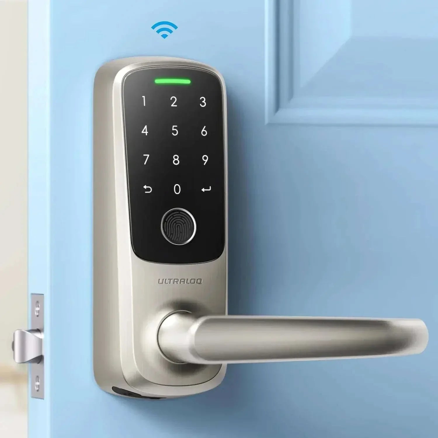 FingerGuard Smart Lock on blue door with fingerprint scanner and touch keypad, WiFi enabled smart security device