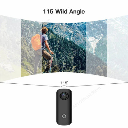 SJCAM C100 Plus Action Camera with 115-degree wide-angle lens capturing outdoor adventure scene