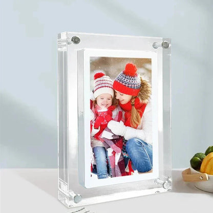 7 inches digital photo and video frame displaying a winter photo of a mother and child in clear acrylic modern design