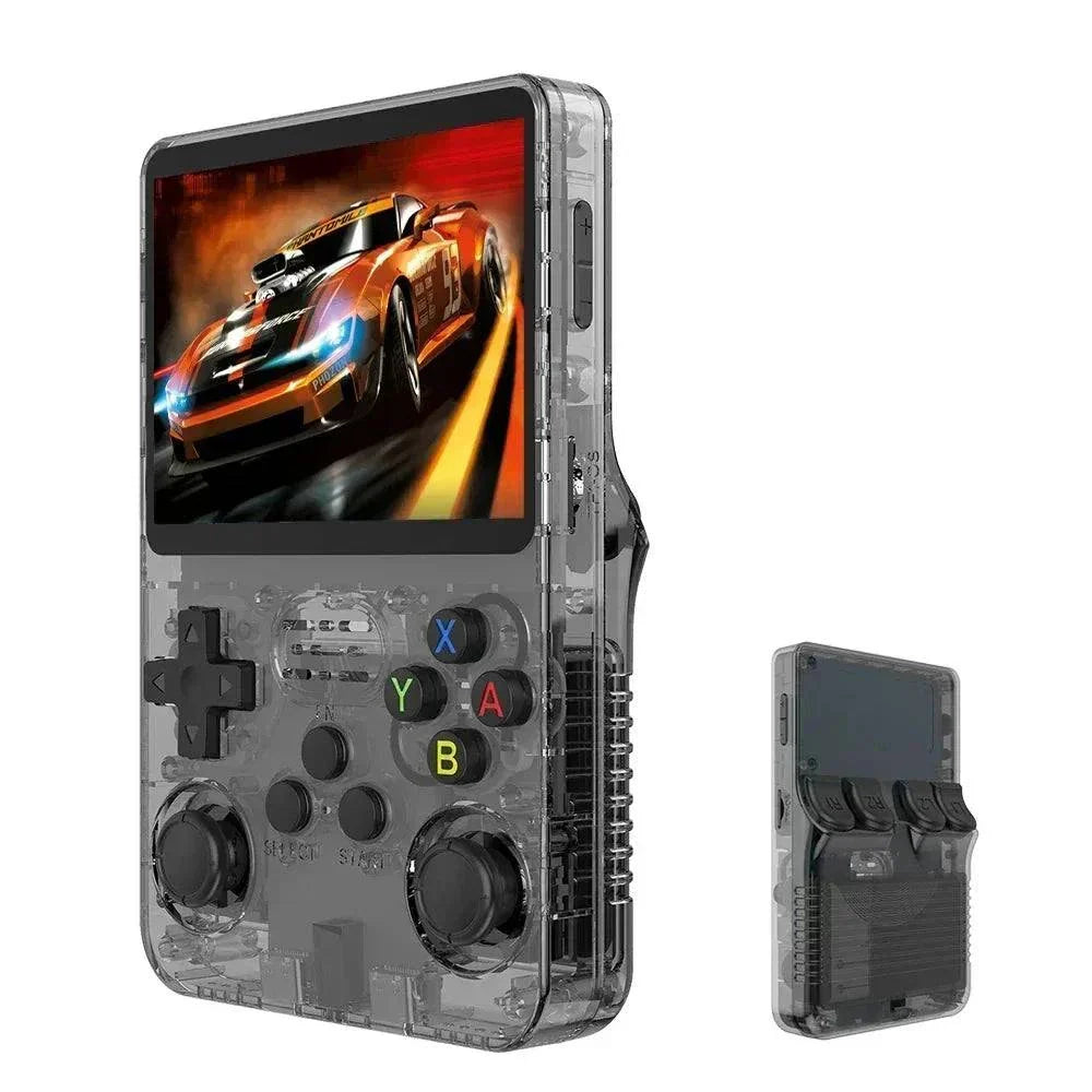 R36S 128GB Retro Handheld Game Console with 3.5-inch IPS screen, portable transparent design, and retro gaming experience