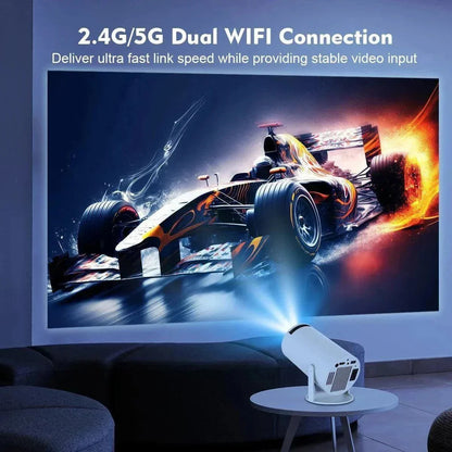 Magcubic 4K Android 11 HY300 Pro projector displaying a racing car with dual WiFi connection features in a home cinema setup