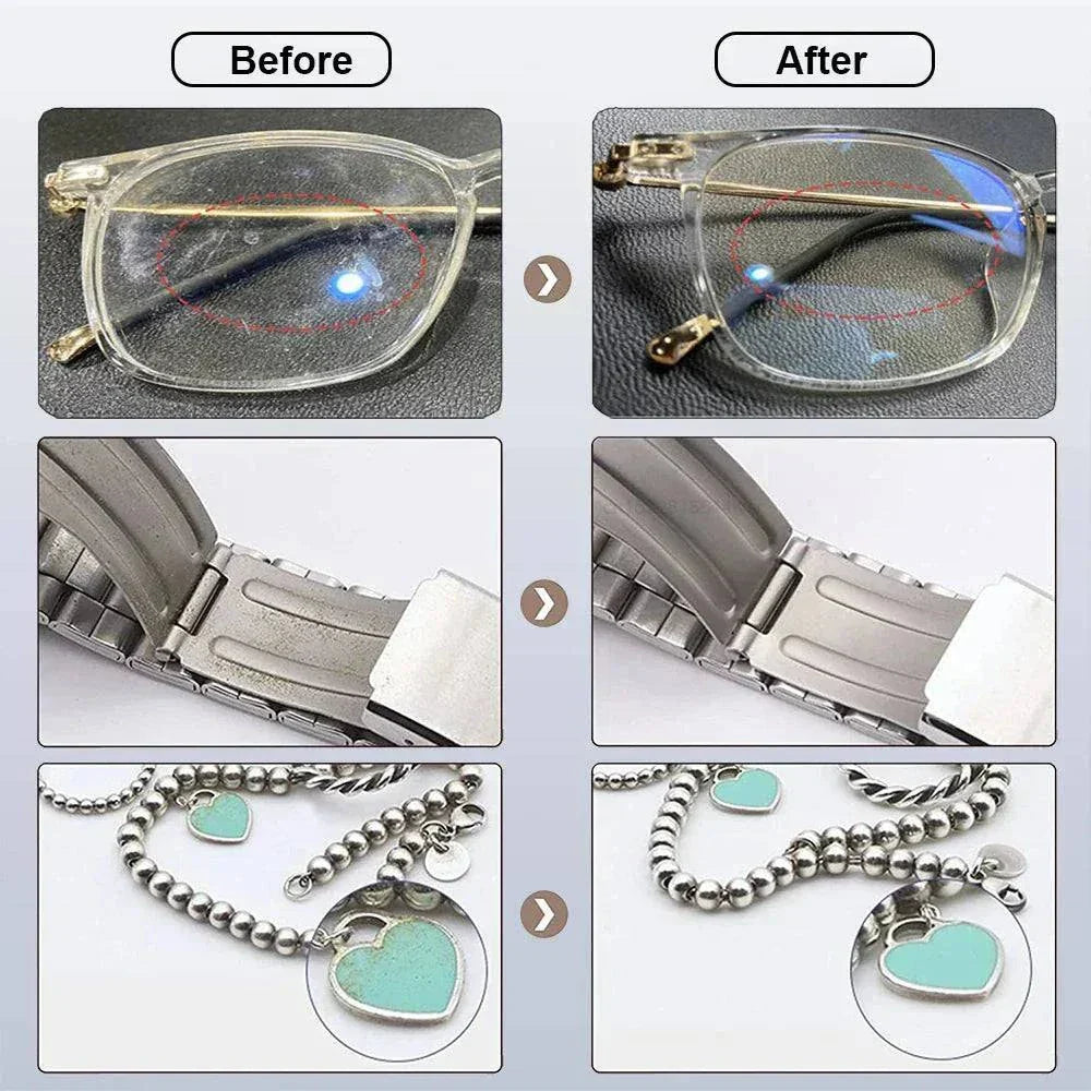 Before and after cleaning results of glasses, watch, and jewelry using Ultrasonic 35W Cleaning Machine