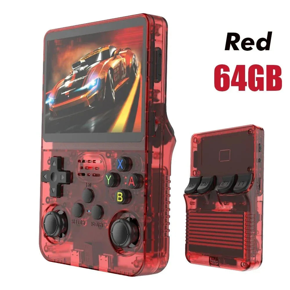 Red R36S retro handheld game console with 3.5-inch IPS screen and 64GB storage, portable transparent design
