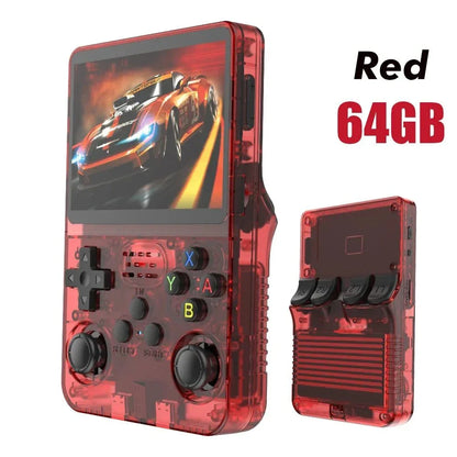 Red R36S retro handheld game console with 3.5-inch IPS screen and 64GB storage, portable transparent design