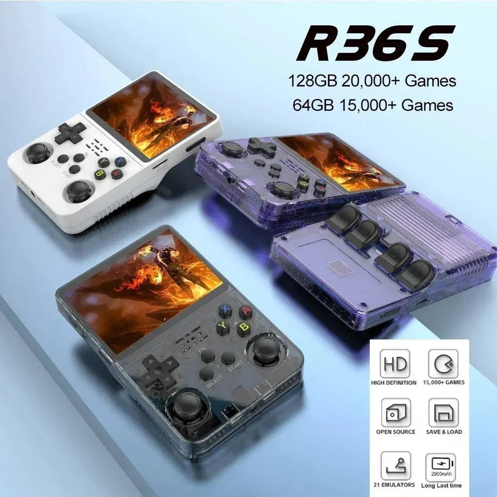Three R36S retro handheld game consoles with 3.5-inch screens in white and translucent purple and gray designs displaying game graphics