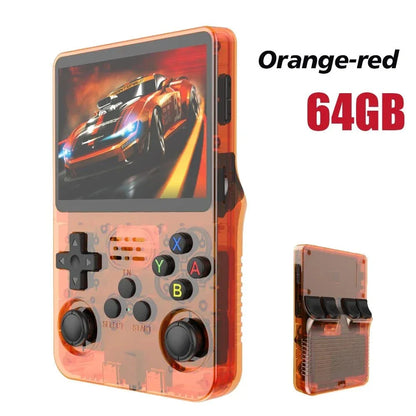 Orange-red R36S retro handheld game console with 3.5-inch IPS screen and 64GB storage