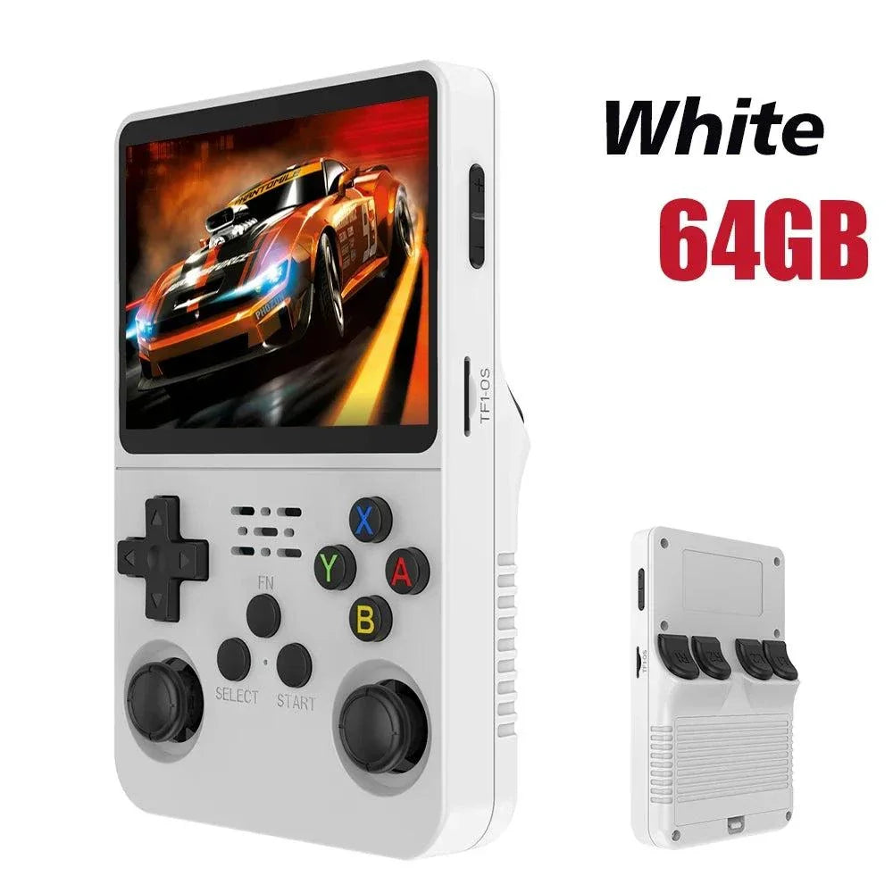 White R36S Retro Handheld Game Console with 3.5-inch IPS screen and 64GB storage