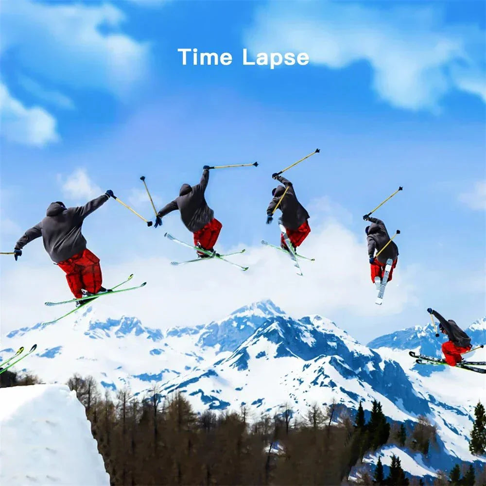 SJCAM C100 Plus Action Camera time lapse capture of skier performing stunt in snowy mountain landscape