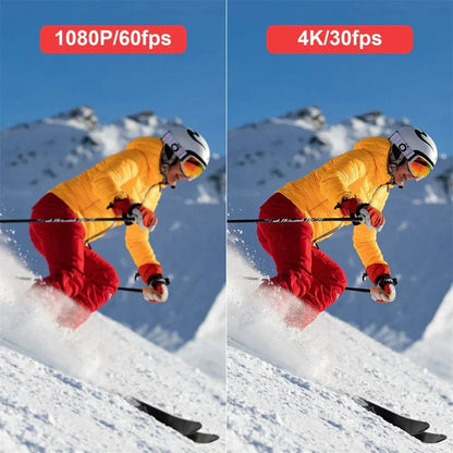 SJCAM C100 Plus Action Camera comparison showing 1080P 60fps and 4K 30fps video quality of skier in yellow jacket and red pants on snowy mountain slope