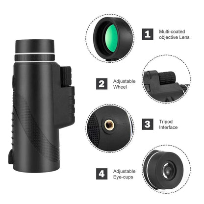 High-definition telescope with universal phone mount for 40X closer viewing and waterproof design